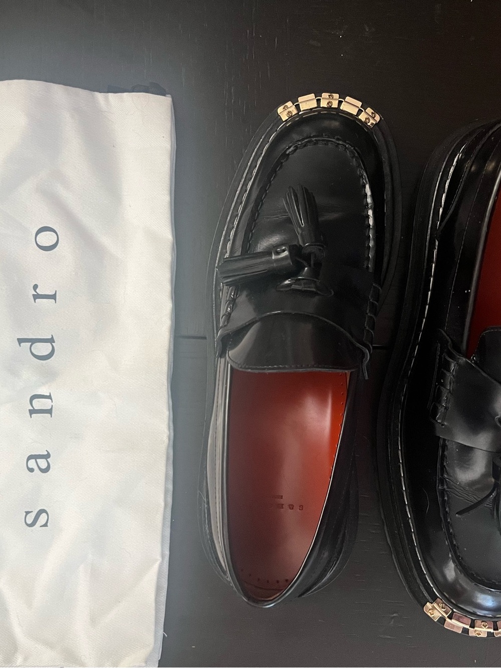 Sandro Black Leather Tassel Loafers with Gold Trim - Picture 1 of 3